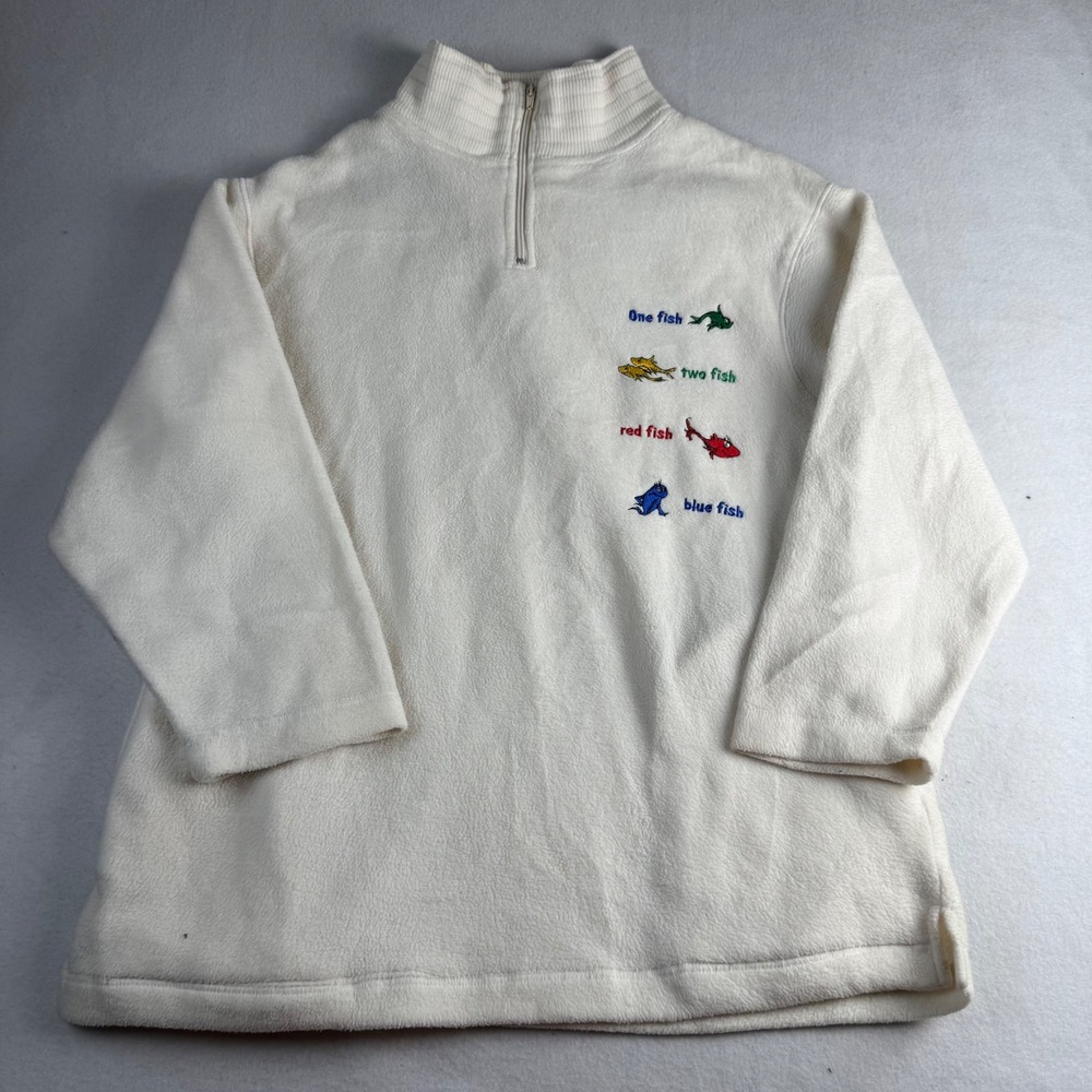 Dr Seuss One Fish Two Fish Fleece Quarter Zip Pullover Cream Mock Neck Large